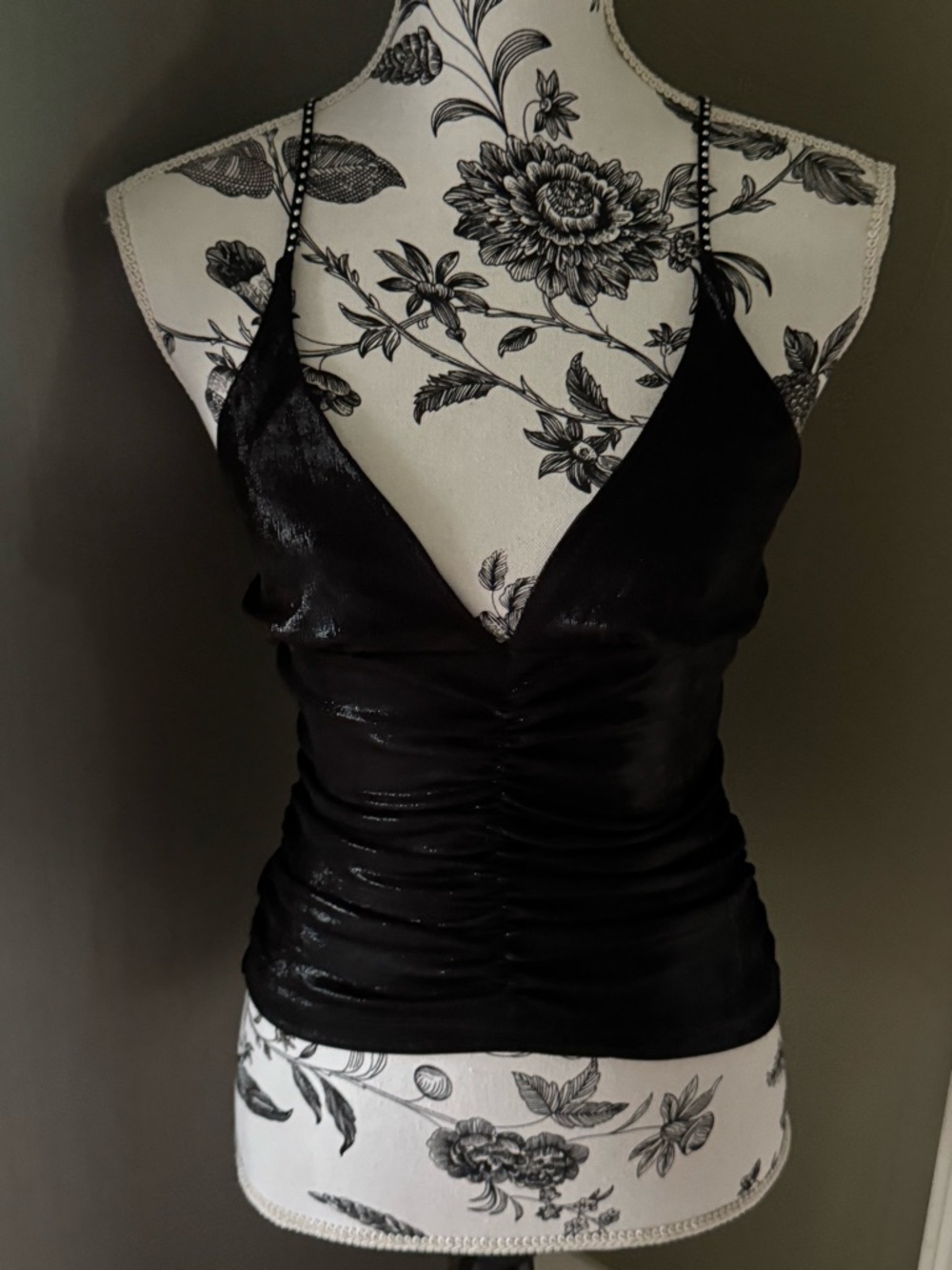 Urban Outfitters Black Metallic V-Neck Ruched Spaghetti-Strap Cami